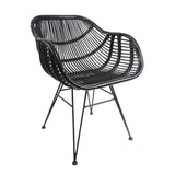 A black, modern-design chair with a curved, open-weave backrest and seat mounted on a slender four-legged metal frame, isolated against a plain white background.