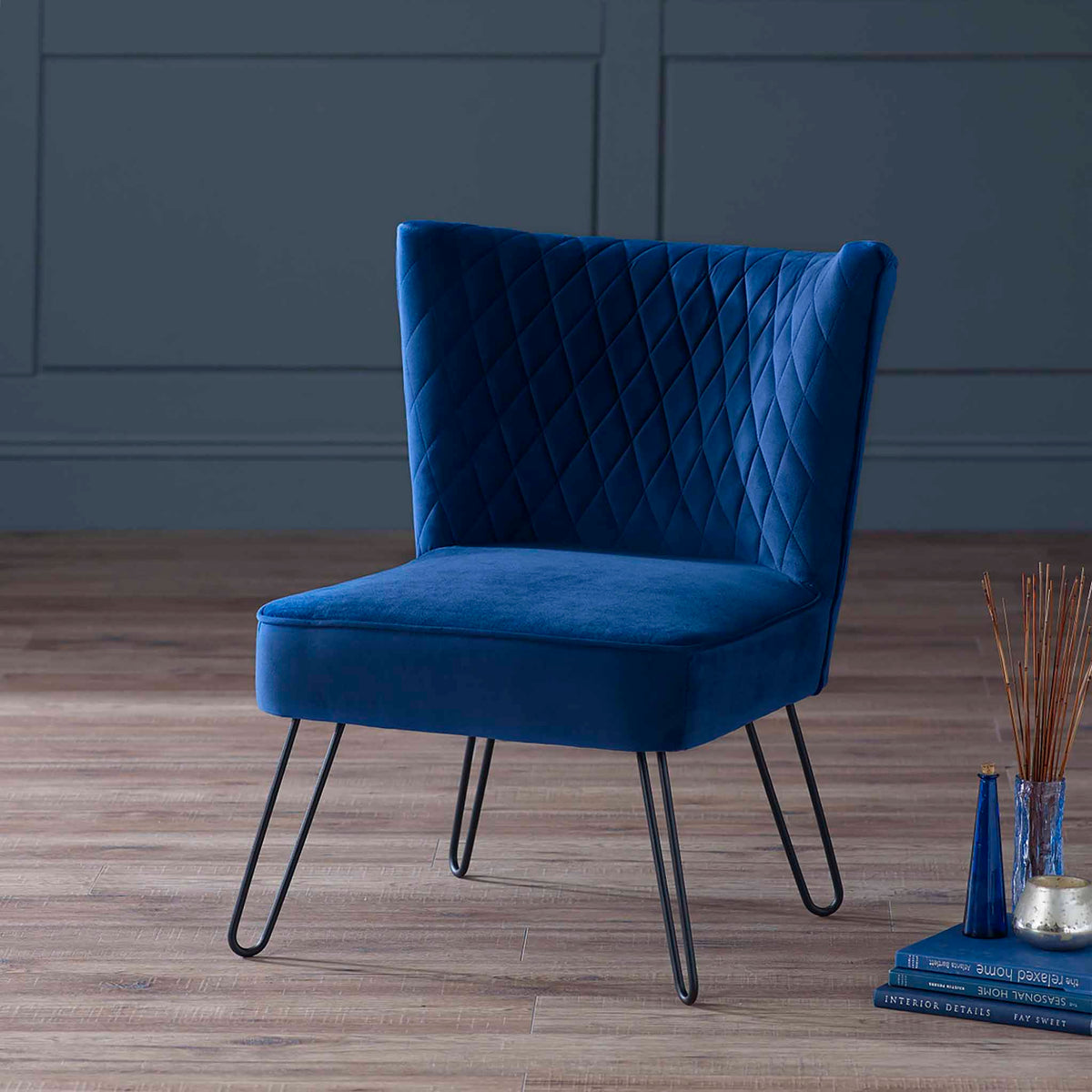 Dixie Blue Velvet Vanity Accent Chair with diamond stitching