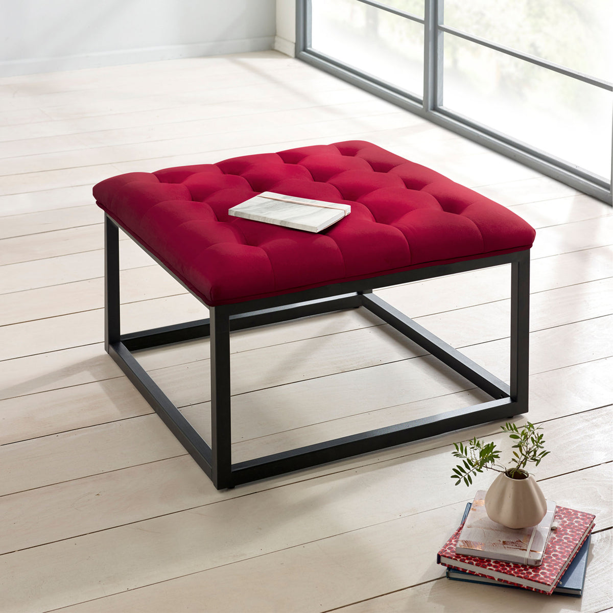 Adison Red Buttoned Velvet Footstool Lifestyle