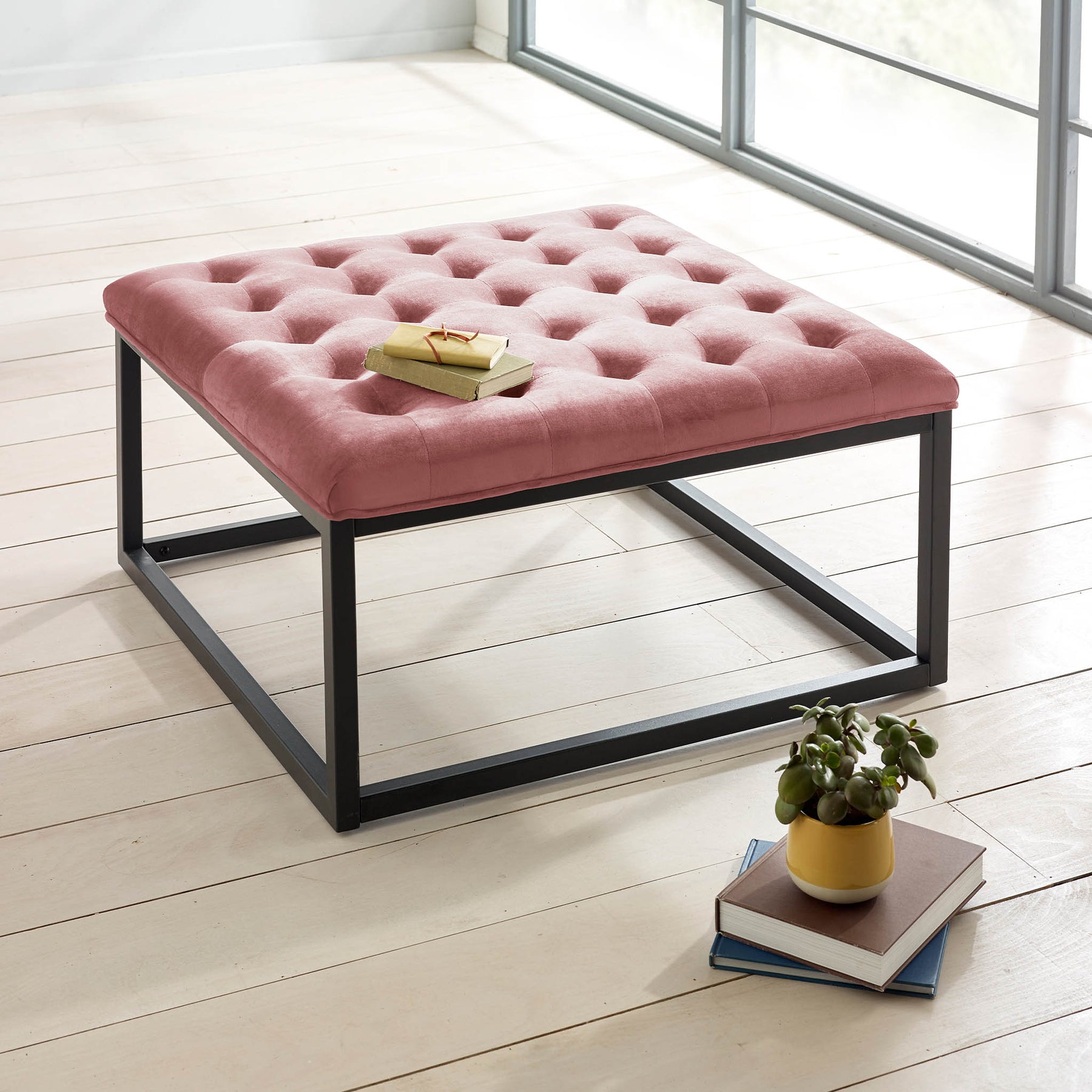 Adison Dusky Pink Buttoned Velvet Footstool Lifestyle