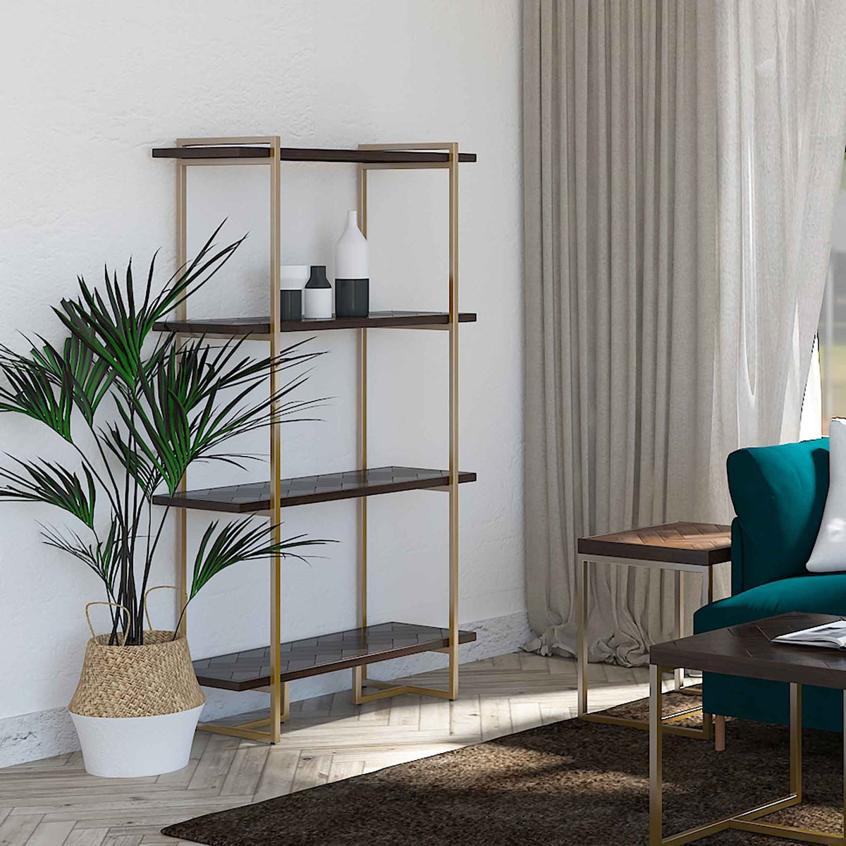 Houston Acacia Wooden 4 Tier Bookcase with Brass Frame Lifestyle