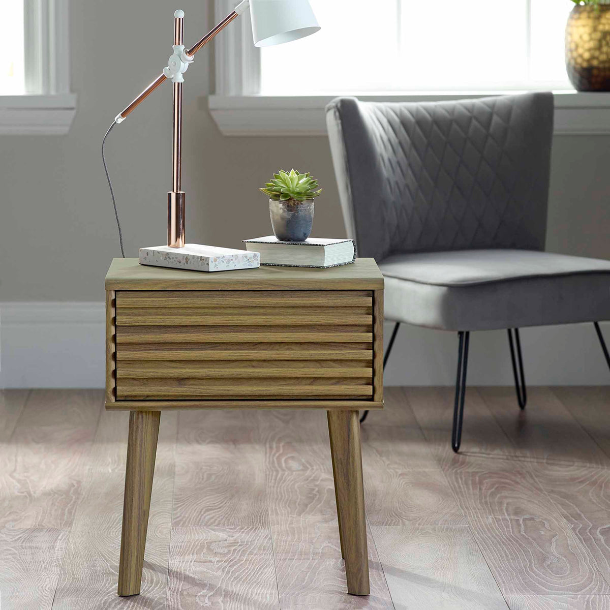 Brunswick Oak Slatted Lamp Side Table with Drawer Lifestyle