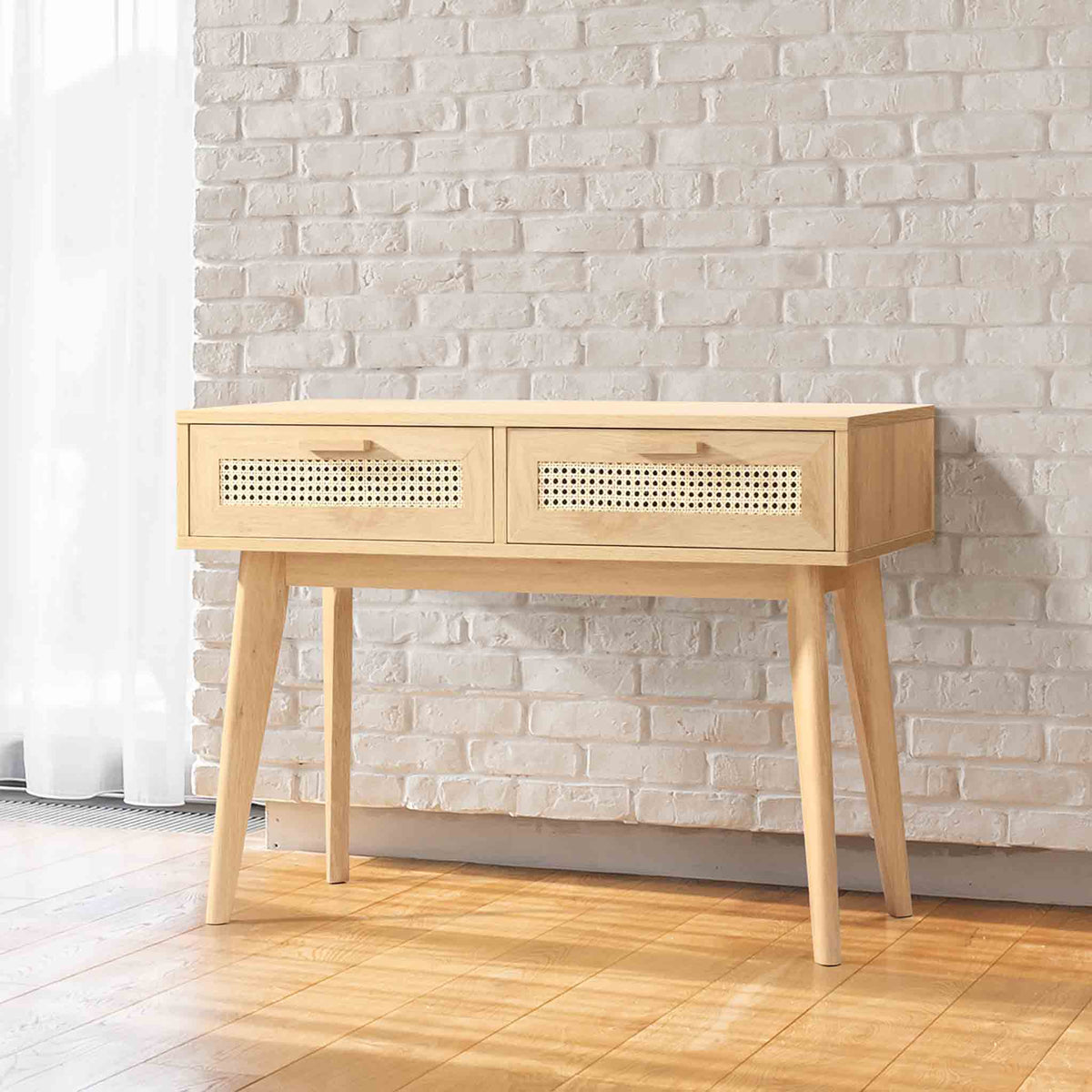 Zeke Scandi Wooden Console Table with Rattan Cane Drawers Lifestyle