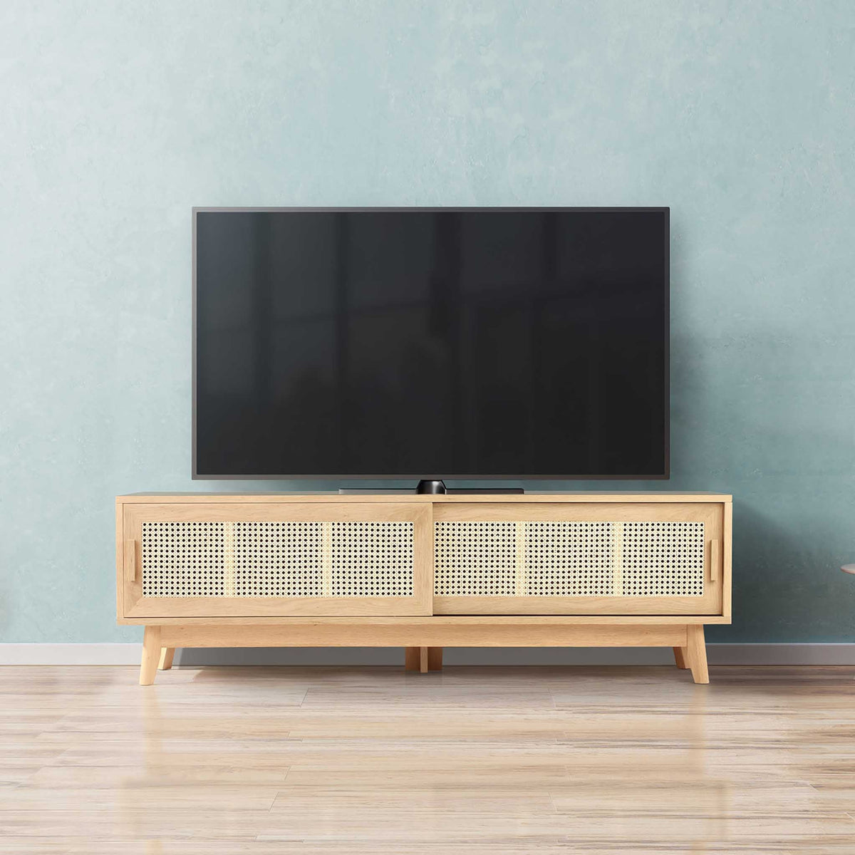 Zeke Scandi TV Unit Stand with Rattan Cane Sliding Doors Lifestyle