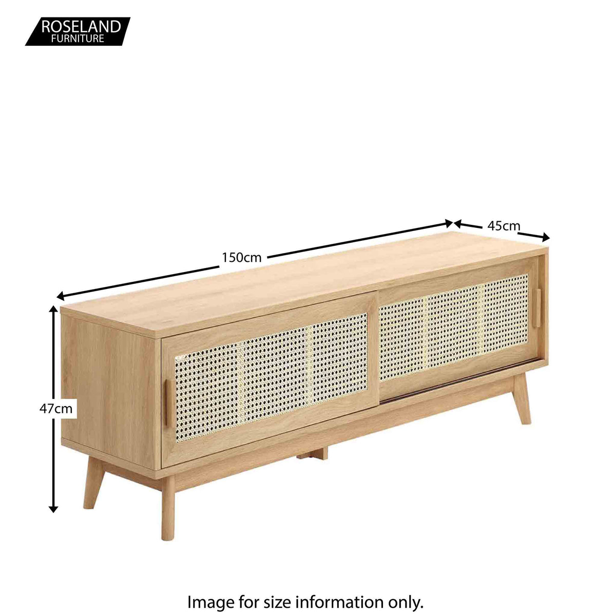 Zeke Scandi TV Unit Stand with Rattan Cane Sliding Doors dimensions