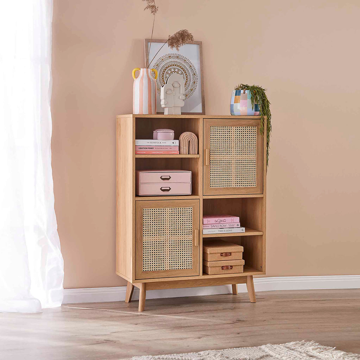 Zeke Scandi Wooden Storage & Display Cabinet with Rattan Cane Doors Lifestyle