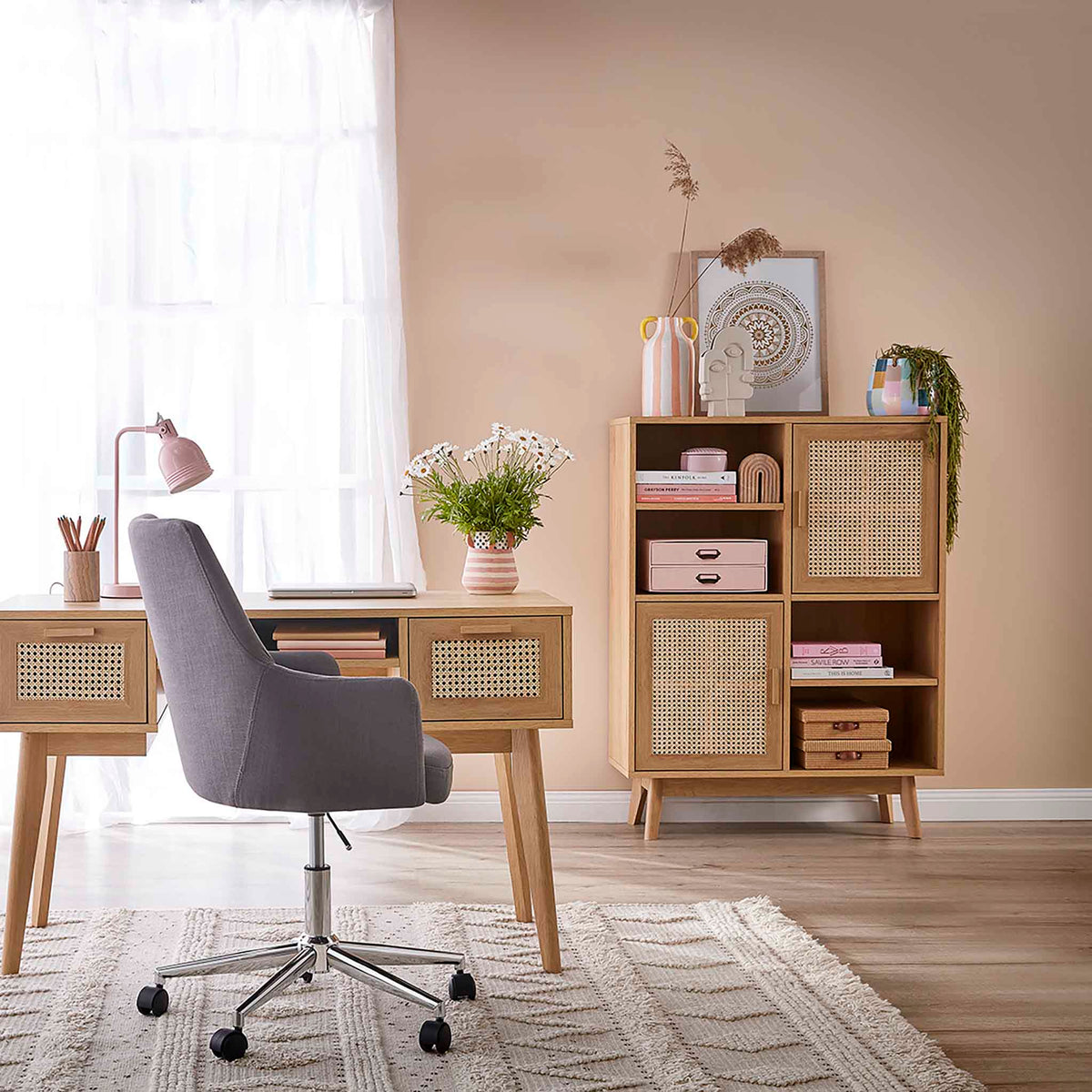 Zeke Scandi Wooden Storage & Display Cabinet with Rattan Cane Doors