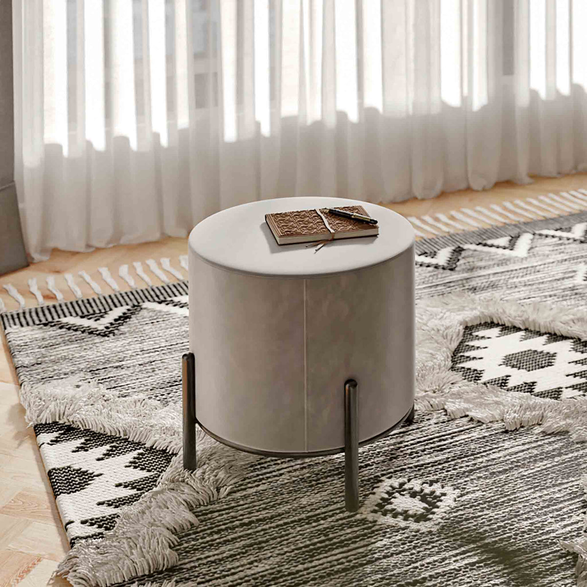 Tamsin Grey Round Velvet Footstool