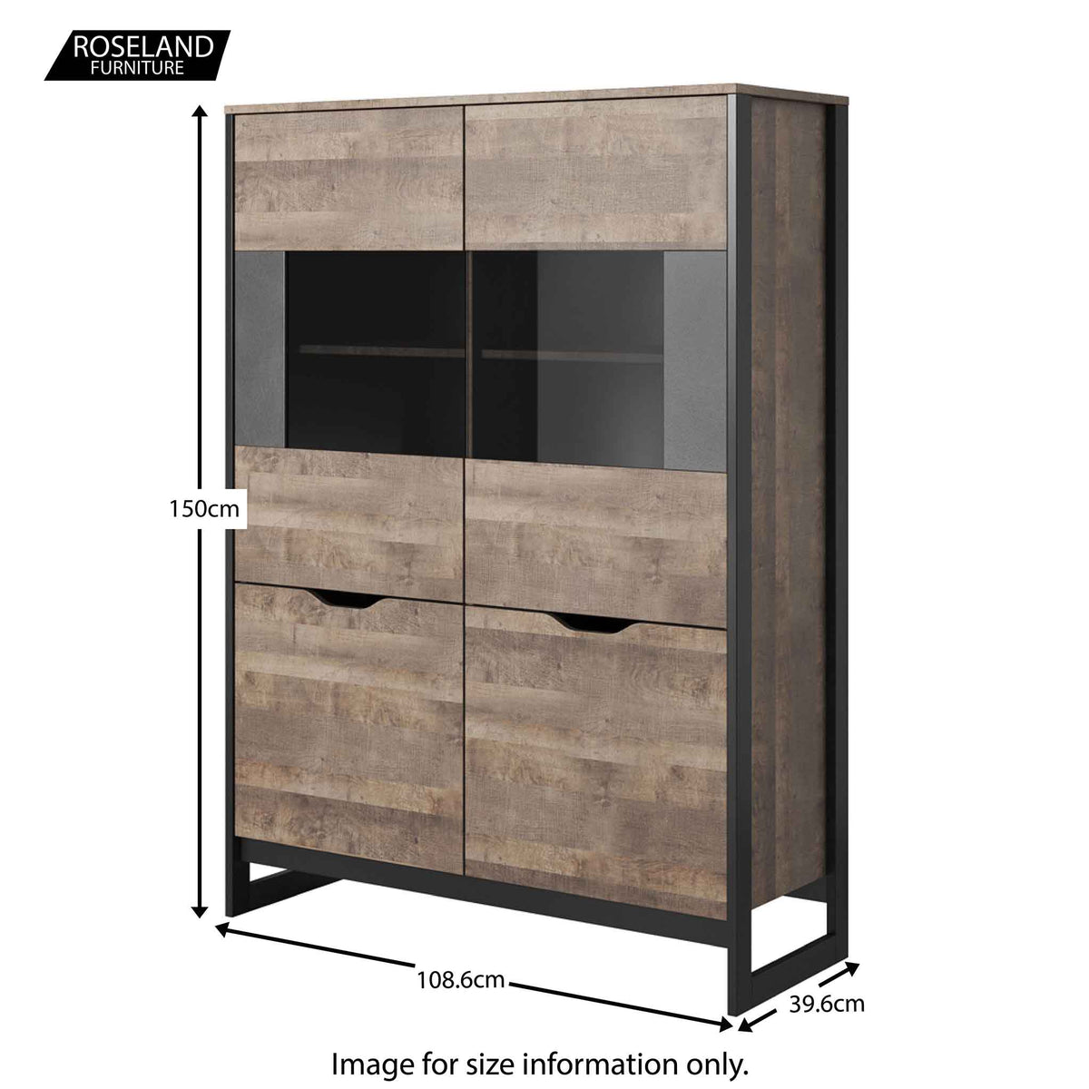 Ezra Industrial Oak Effect Display Cabinet - Size Guide