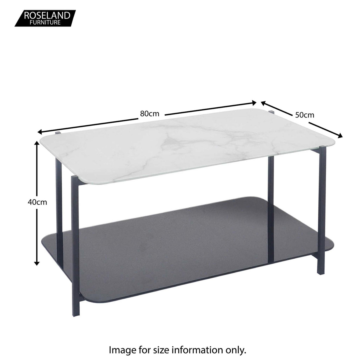 Adrian White & Black Marble & Glass Rectangular Coffee Table dimensions
