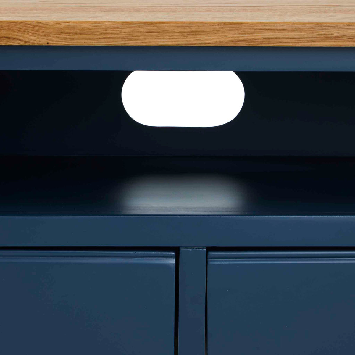 Chichester Corner TV Stand Stiffkey Blue - Showing cable access hole