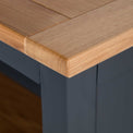 close up of the oak top corner on the Chichester Charcoal Small Bookcase 