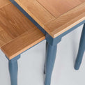 Close up of oak tops on the Chichester Stiffkey Blue Nest of Tables