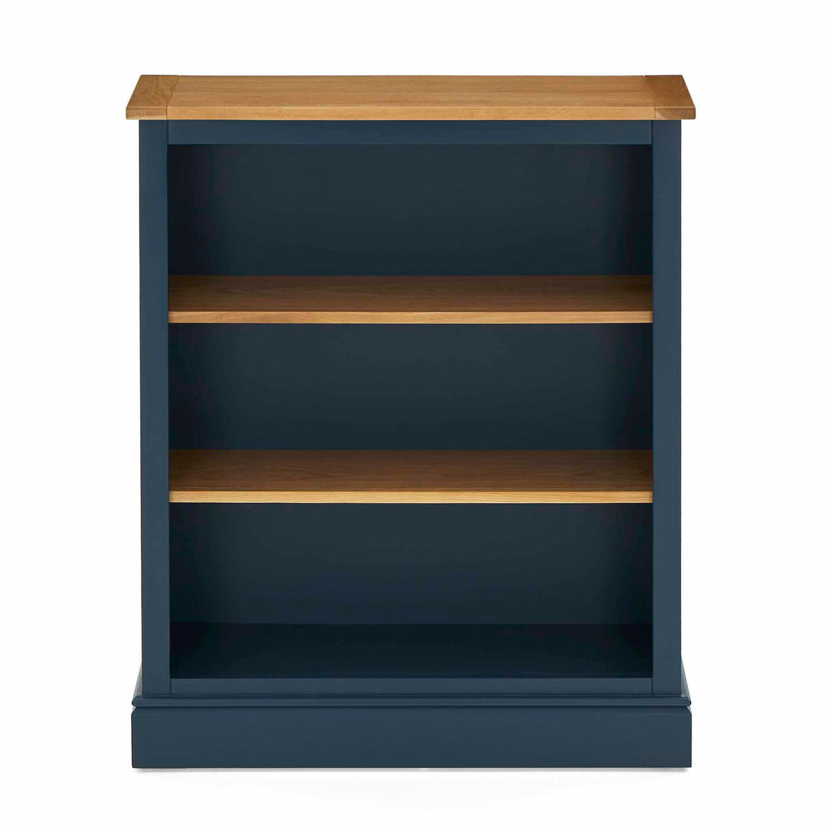 Chichester Stiffkey Blue Small Bookcase - Front view showing oak top
