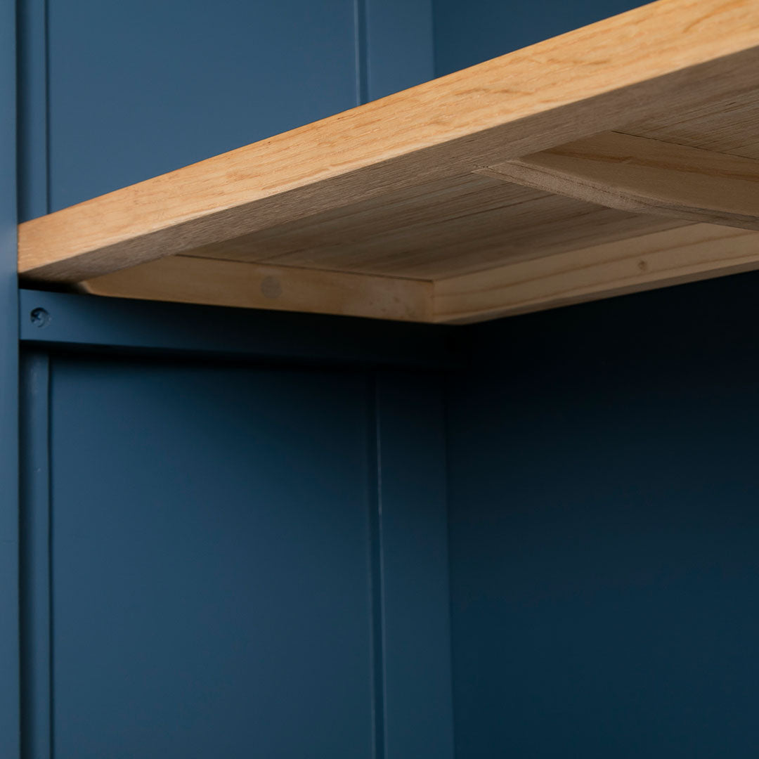 Underside view shelves on the Chichester Stiffkey Blue Grey Low Bookcase