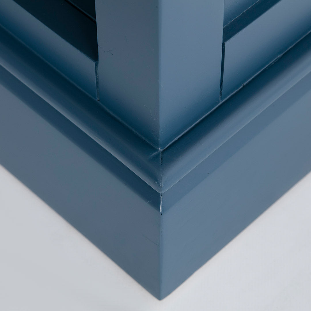 Close up of the plinth base on the Chichester Stiffkey Blue Grey Low Bookcase
