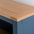 Close up of the oak top on the Chichester Stiffkey Blue Grey Small Bookcase
