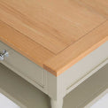 Close up of the oak top corner on the Chichester Ledum Green Coffee Table
