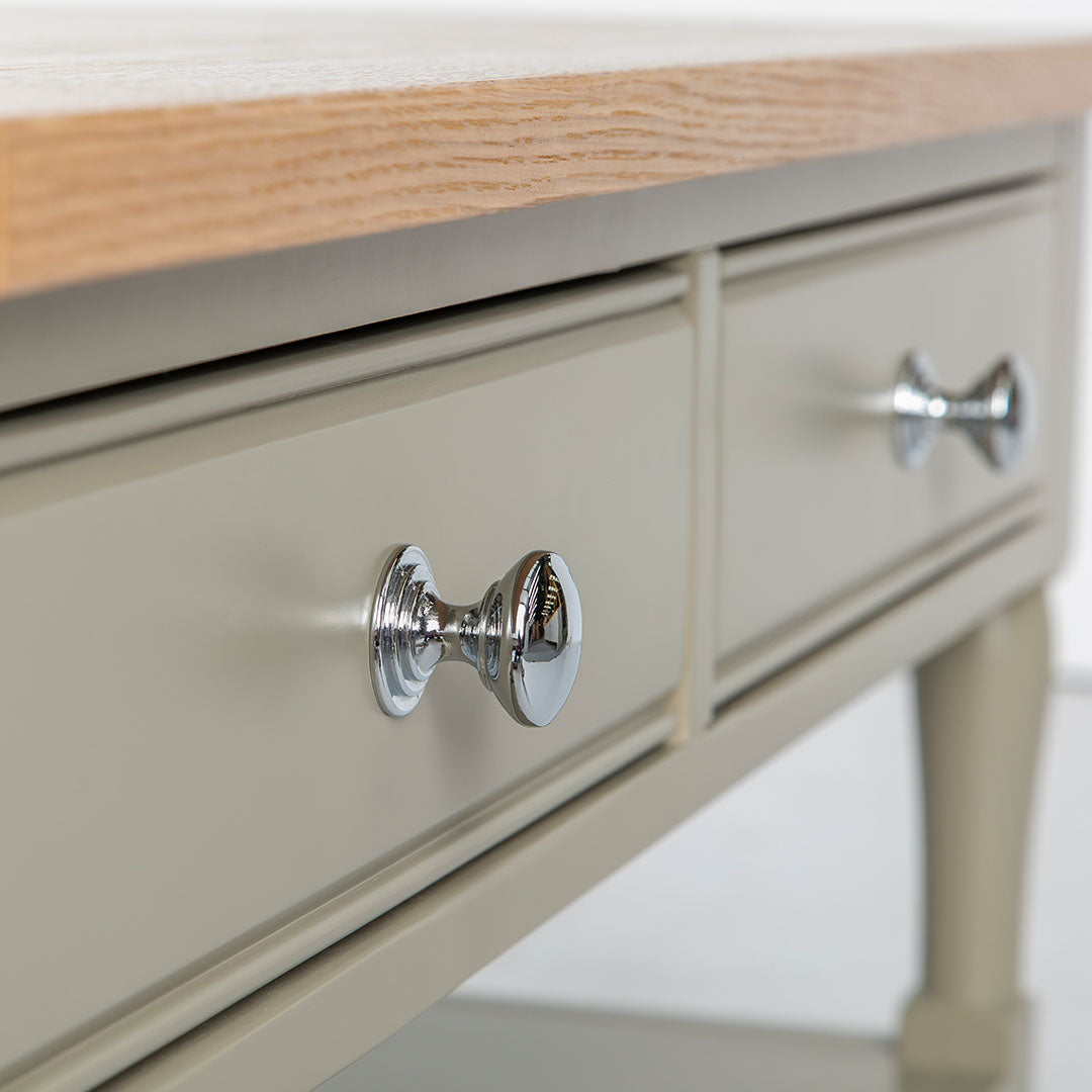 Close up of 2 drawers on the Chichester Ledum Green Coffee Table