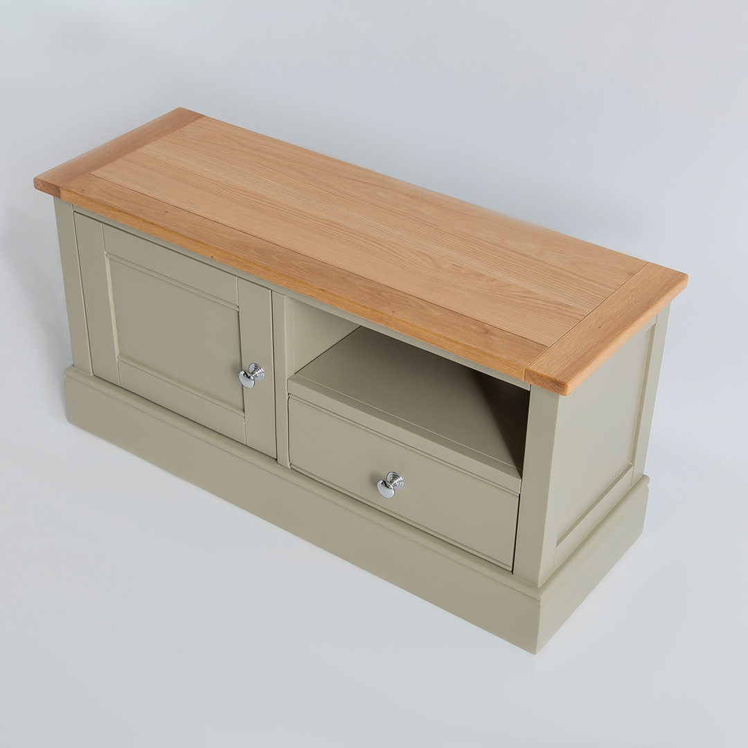 Top view of the Chichester Ledum Green Small TV Unit with oak top
