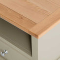 Close up of the oak top on the Chichester Ledum Green Small TV Unit
