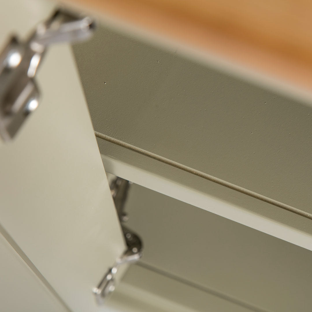 Close up of the fixed shelf on the Chichester Ledum Green Corner Cupboard Cabinet
