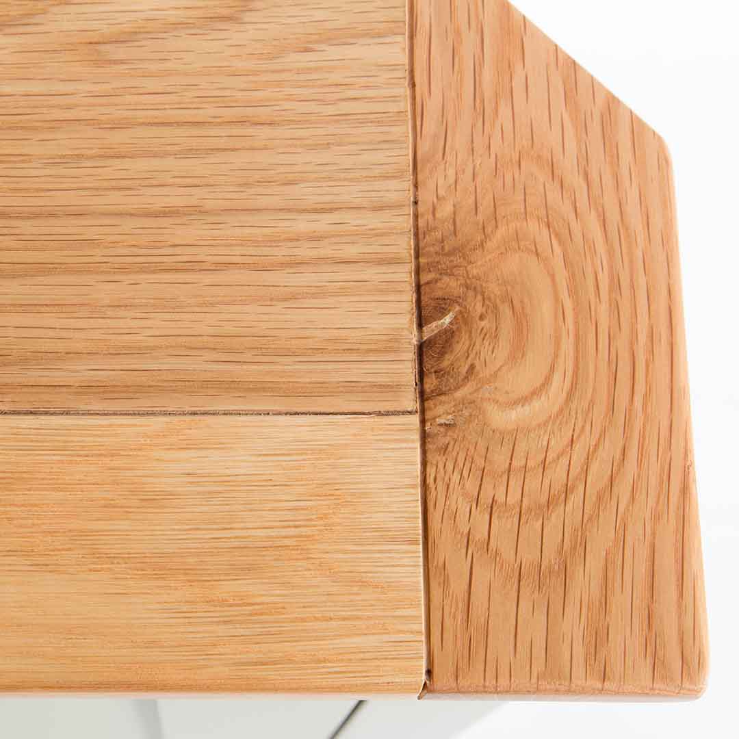 Close up of the oak top wood grain on the Chichester Ledum Green Corner Cupboard