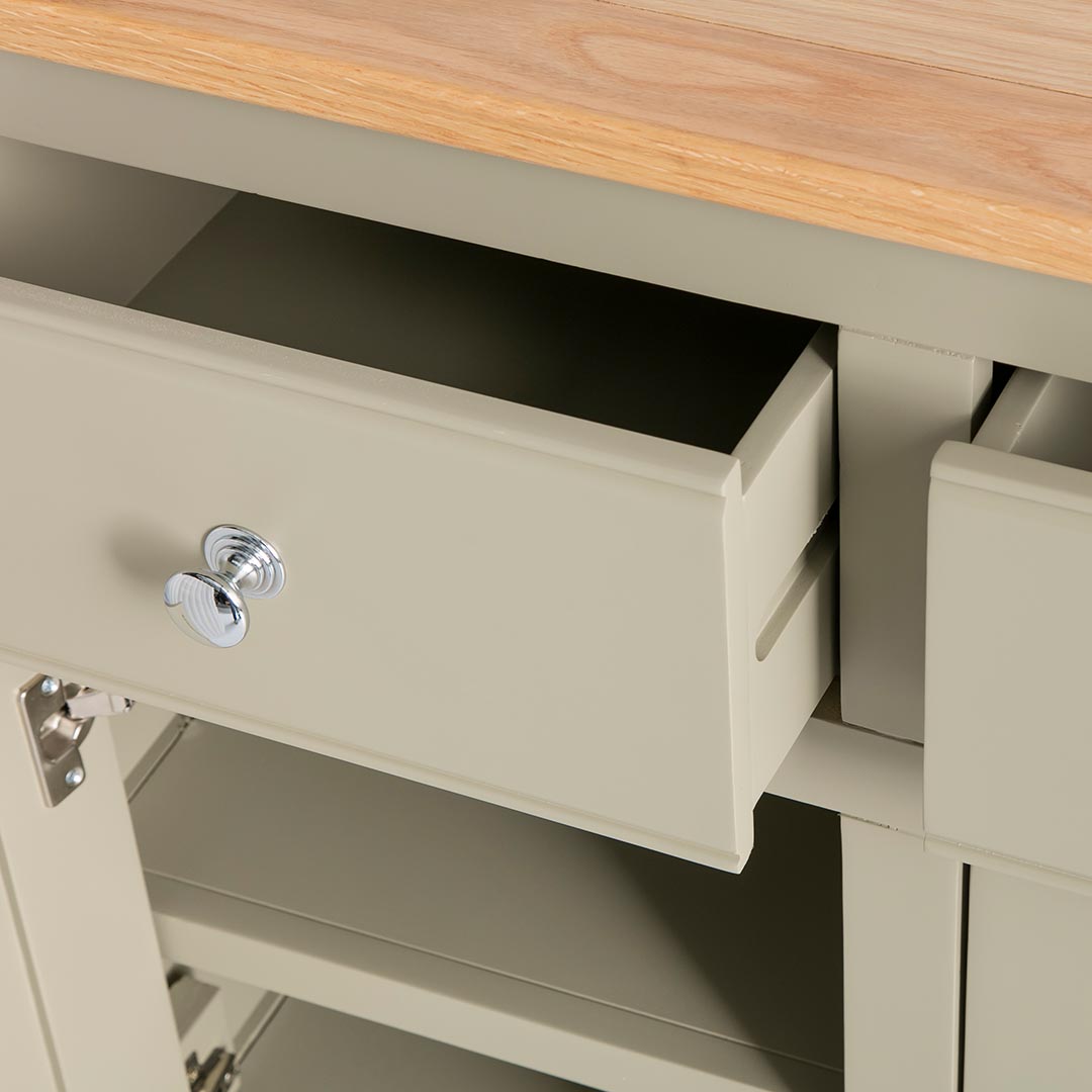 opened drawer view of the Chichester Ledum Green Extra Large Sideboard