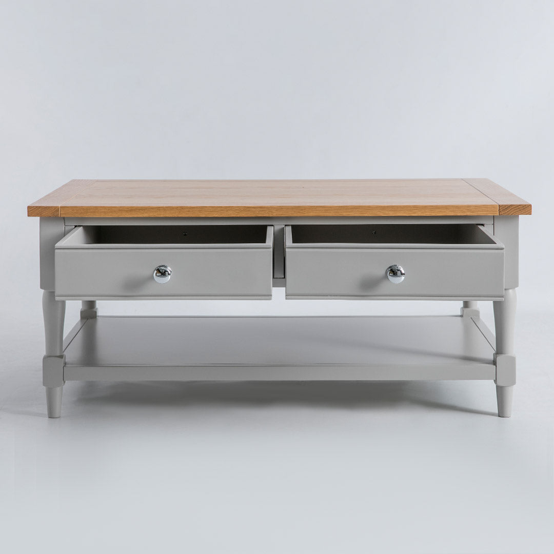 Opened drawers of the Chichester Grey Coffee Table