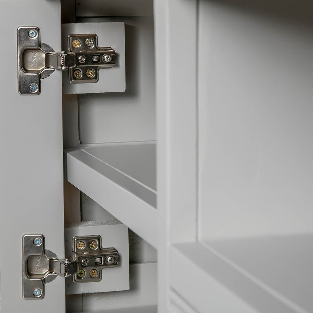 Close up of the cabinet door hinges on the Chichester Grey Small TV Unit