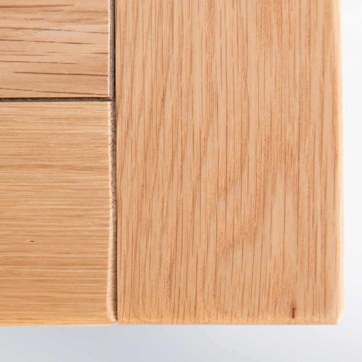 close up of the oak top on the Chichester Grey Corner Cupboard