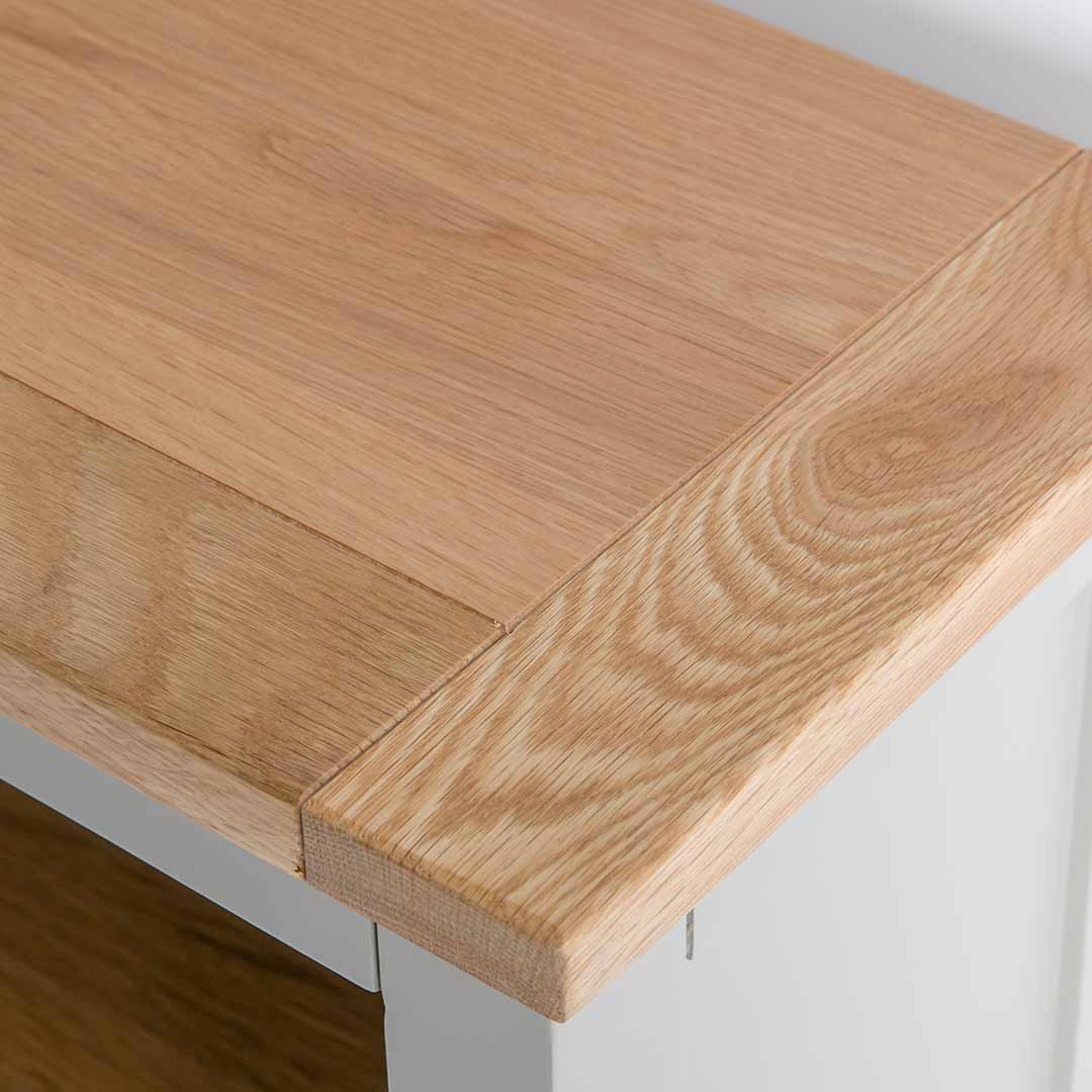 Close up of the oak top on the Chichester Chester Grey Low Bookcase