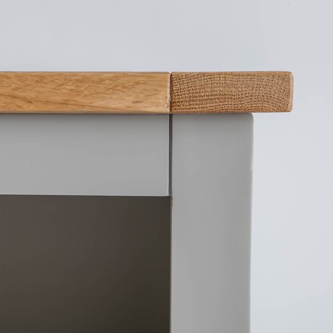 Close up of the top corner edge on the Chichester Chester Grey Low Bookcase