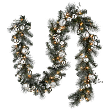 Frosted Silver Pine 9ft Warm White LED Berried Garland