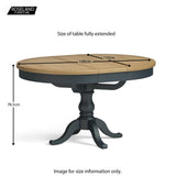 An oval wooden dining table with dimensions: 78.5cm high, 140cm long, and 110cm wide when fully extended, on a grey background. Text: "Size of table fully extended," "ROSELAND FURNITURE," "Image for size information only."