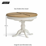 A round wooden table on a white pedestal base with dimensions marked: 110cm diameter, 78.5cm height. Text: "ROSELAND FURNITURE Size of table when closed Image for size information only."