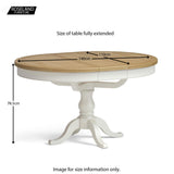 An oval wooden table with dimensions labeled: 140cm by 110cm, height 78.5cm. It's on a white pedestal base with curved legs. Text: "ROSELAND FURNITURE; Size of table fully extended; Image for size information only."