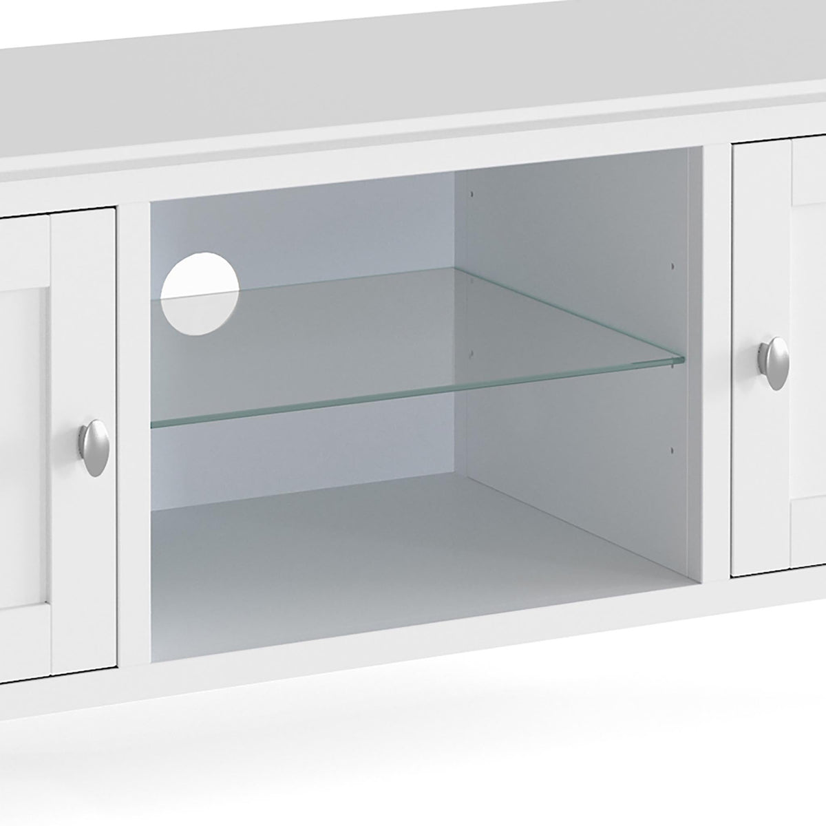 Chester White 120cm Large TV Stand - Close up of glass shelf