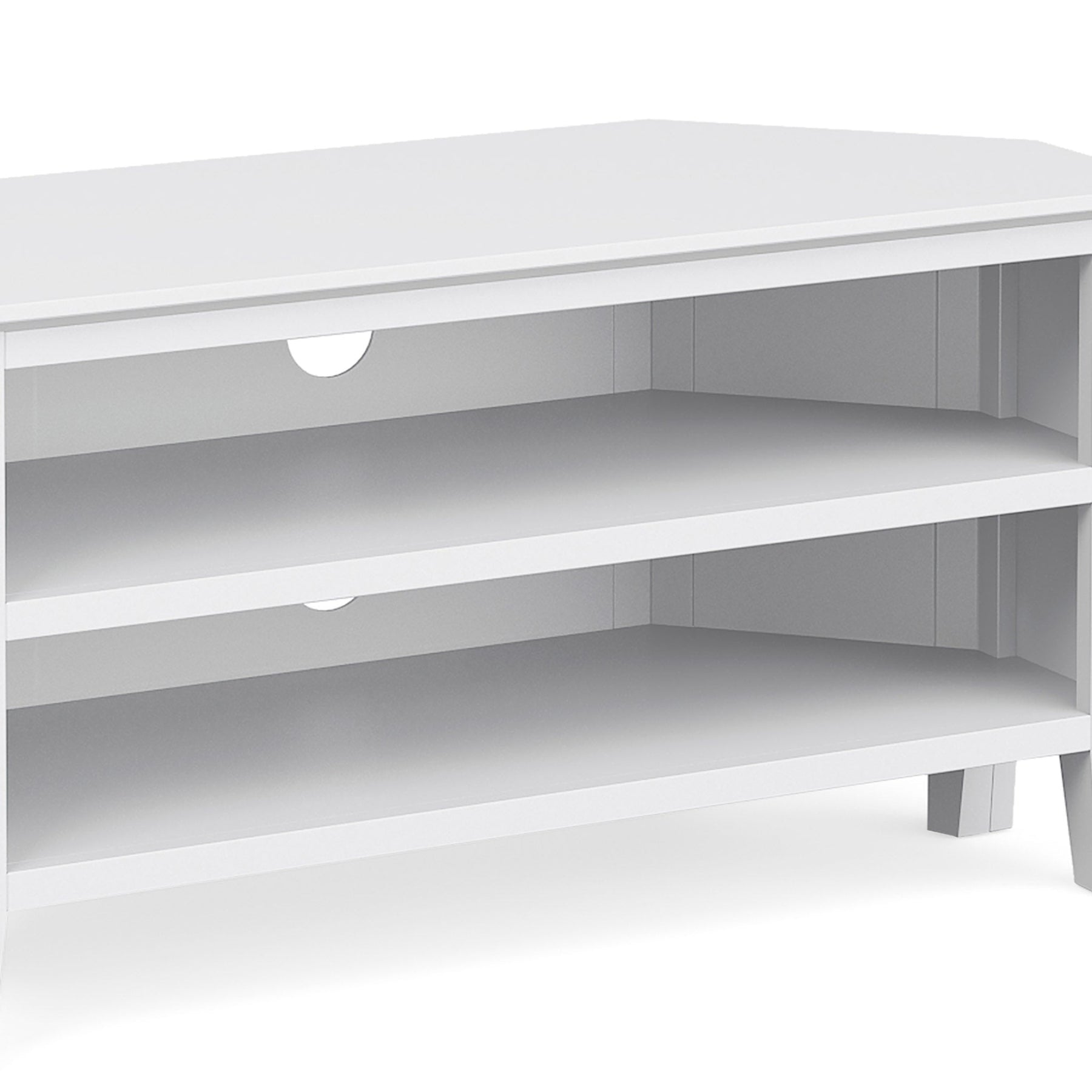 Chester White Corner TV Stand - Close up of shelves