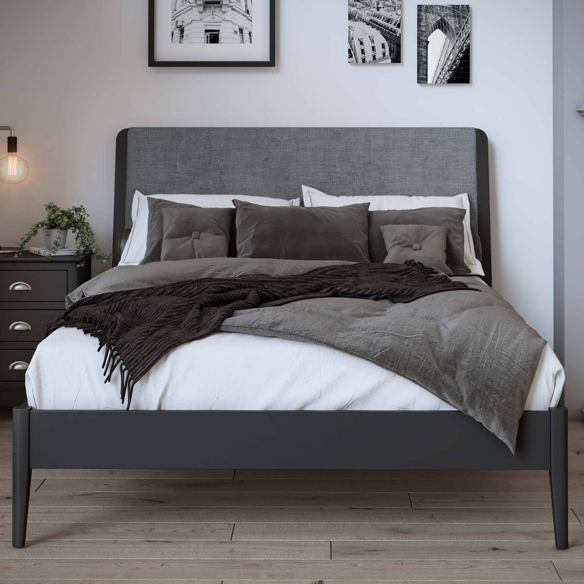 lifestyle image of the Dumbarton Charcoal Grey Bed Frame 