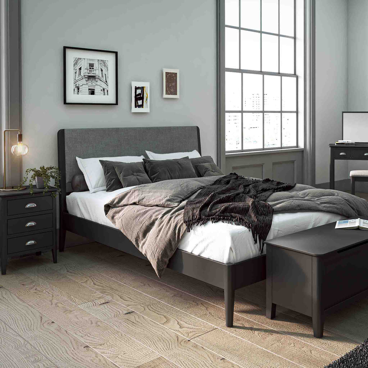 Lifestyle image of Dumbarton Charcoal Grey Bedroom with Bed Frame