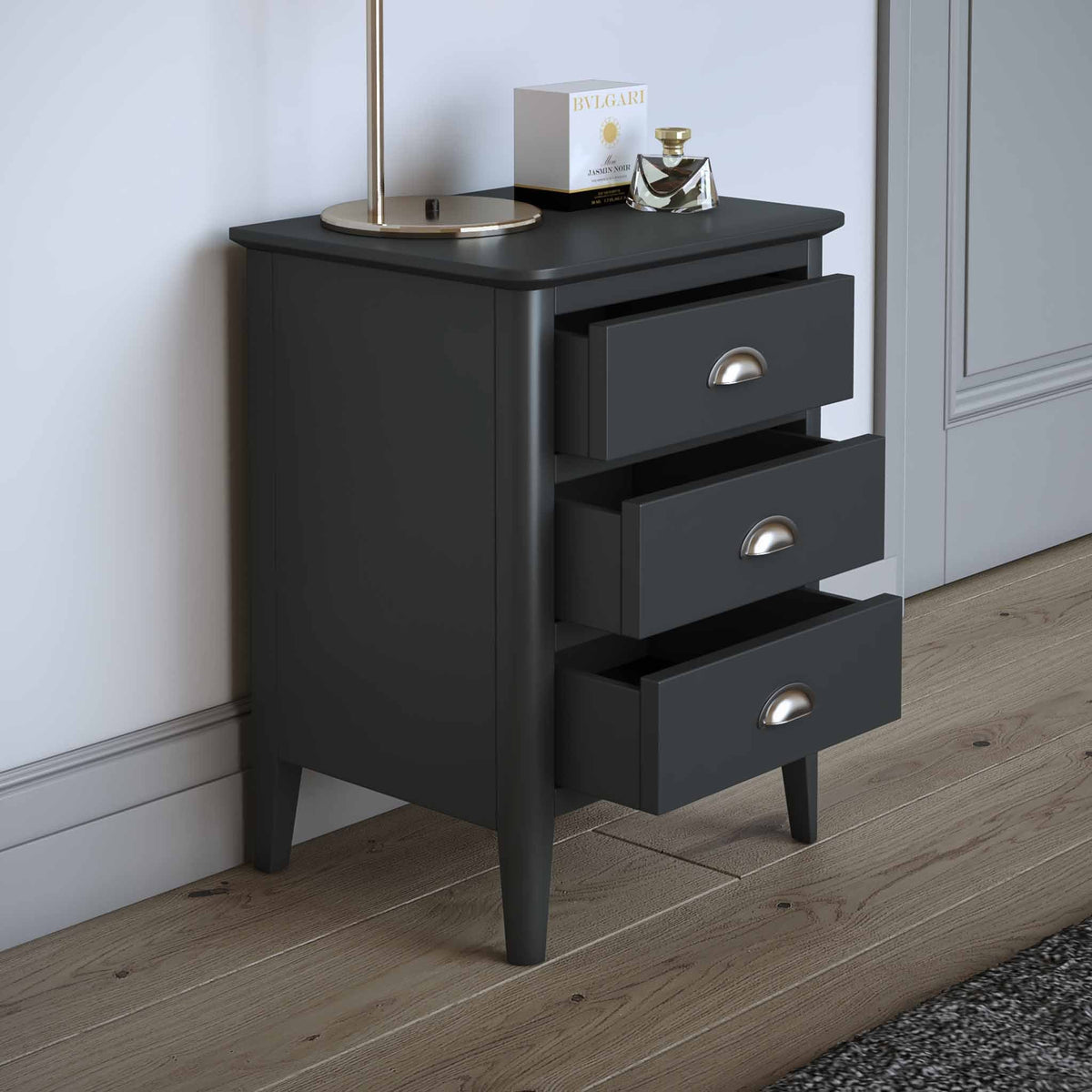 close up of the Dumbarton Charcoal Grey Bedside Table Cabinet
