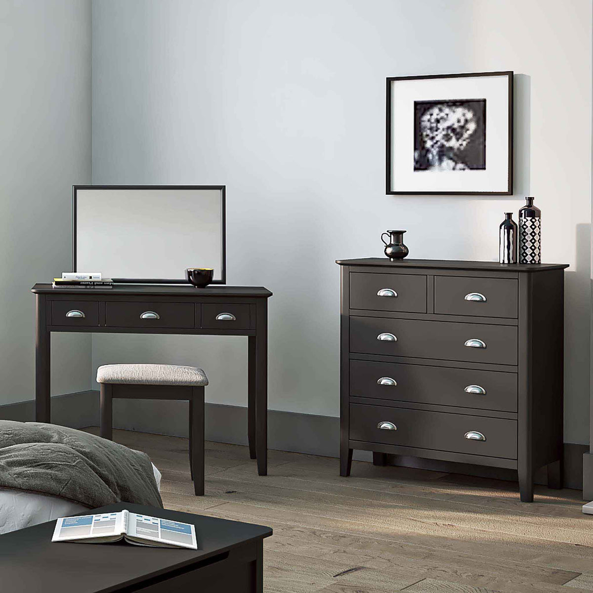 Lifestyle image of the Dumbarton Charcoal Grey " over 3 Chest of Drawers Storage Cabinet