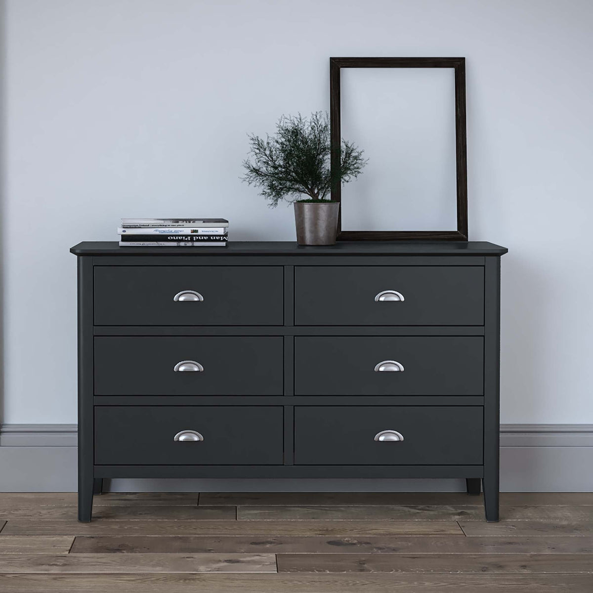 Lifestyle image of the Dumbarton Charcoal Grey Large 3 over 3 Chest of Drawer Storage Cabinet