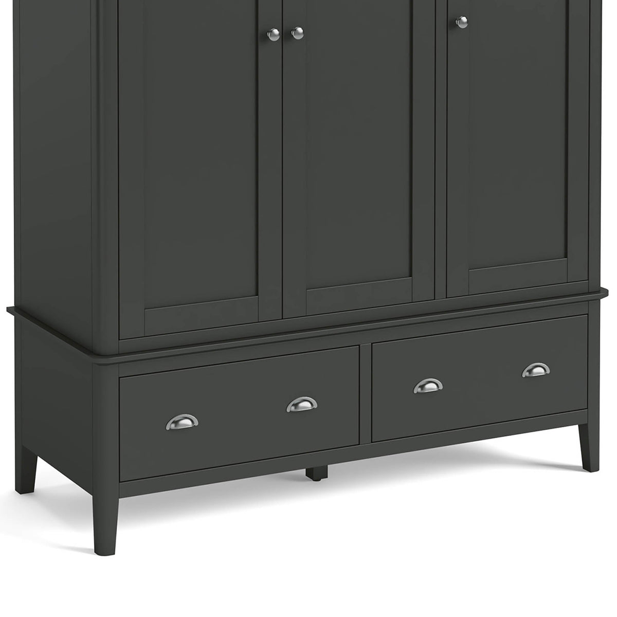 Dumbarton Charcoal Grey 3 Door Triple Wardrobe - Close up of lower storage drawers