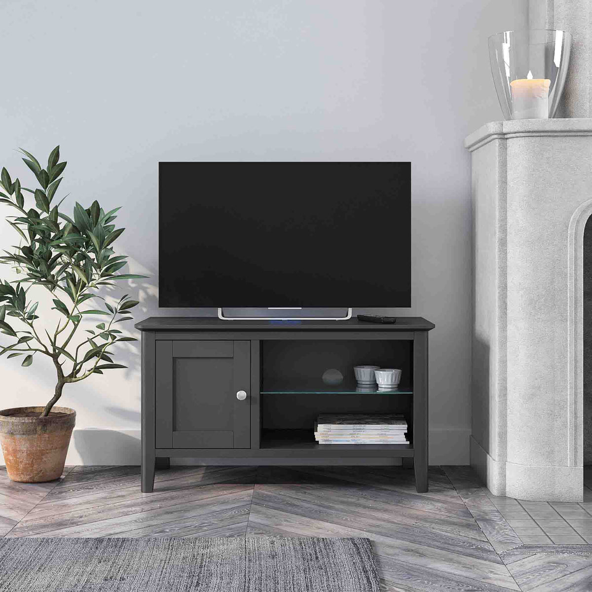 Lifestyle image of the Dumbarton Charcoal Grey Small 90cm TV Unit Media Stand
