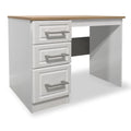 A white three-drawer pedestal desk with a wooden top, positioned against a grey gradient background.