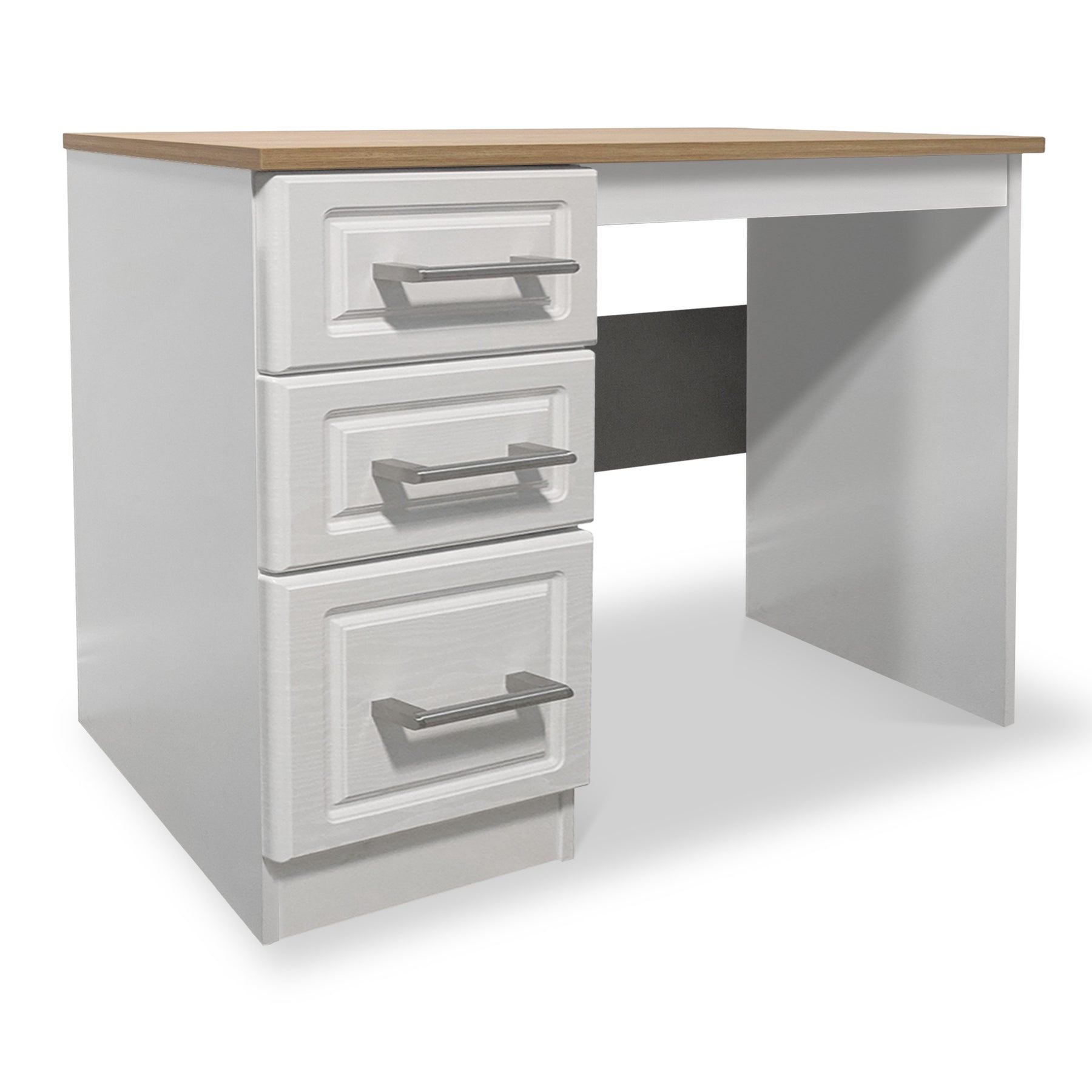 A white three-drawer pedestal desk with a wooden top, positioned against a grey gradient background.