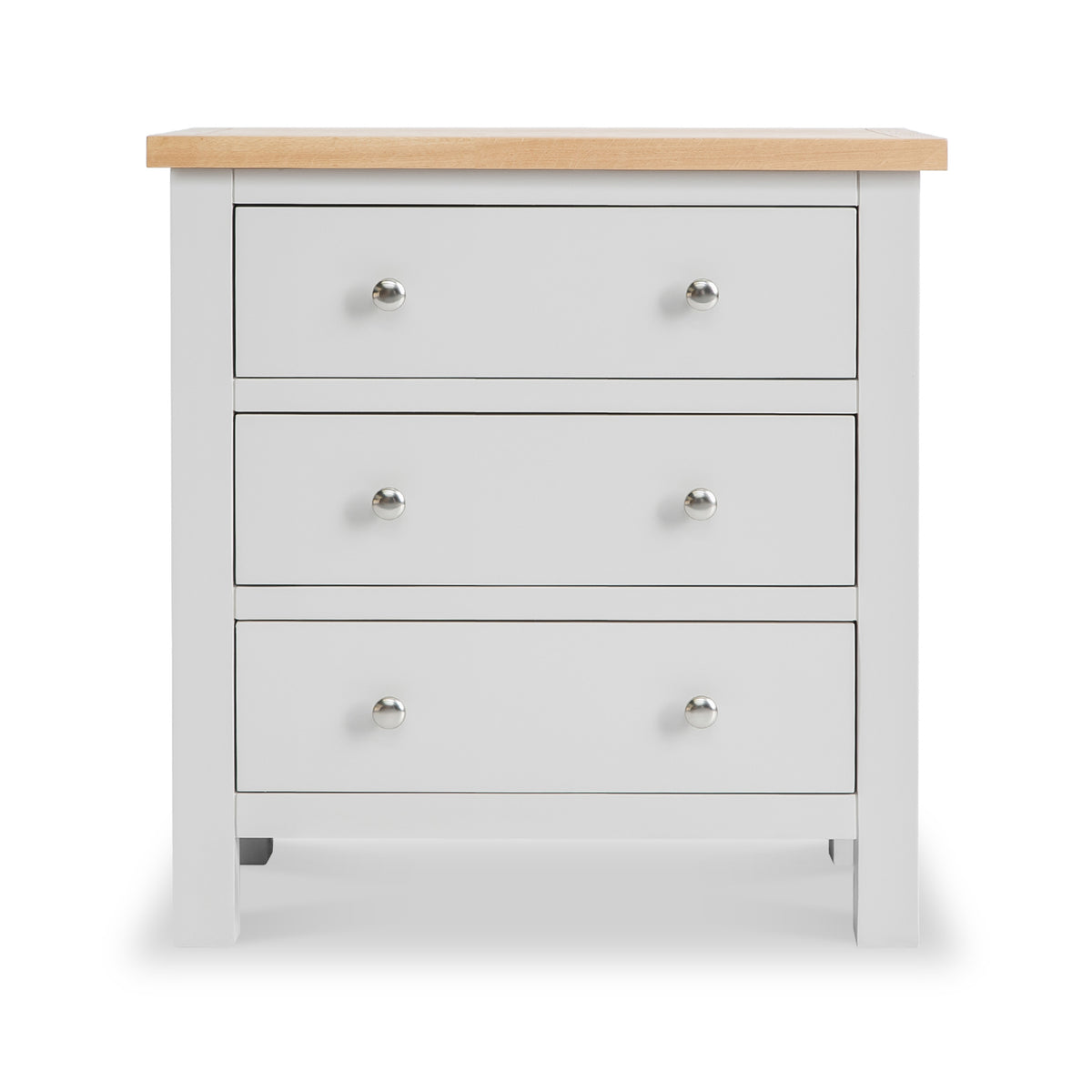 A white three-drawer chest with a natural wood top and round silver knobs on a plain background.