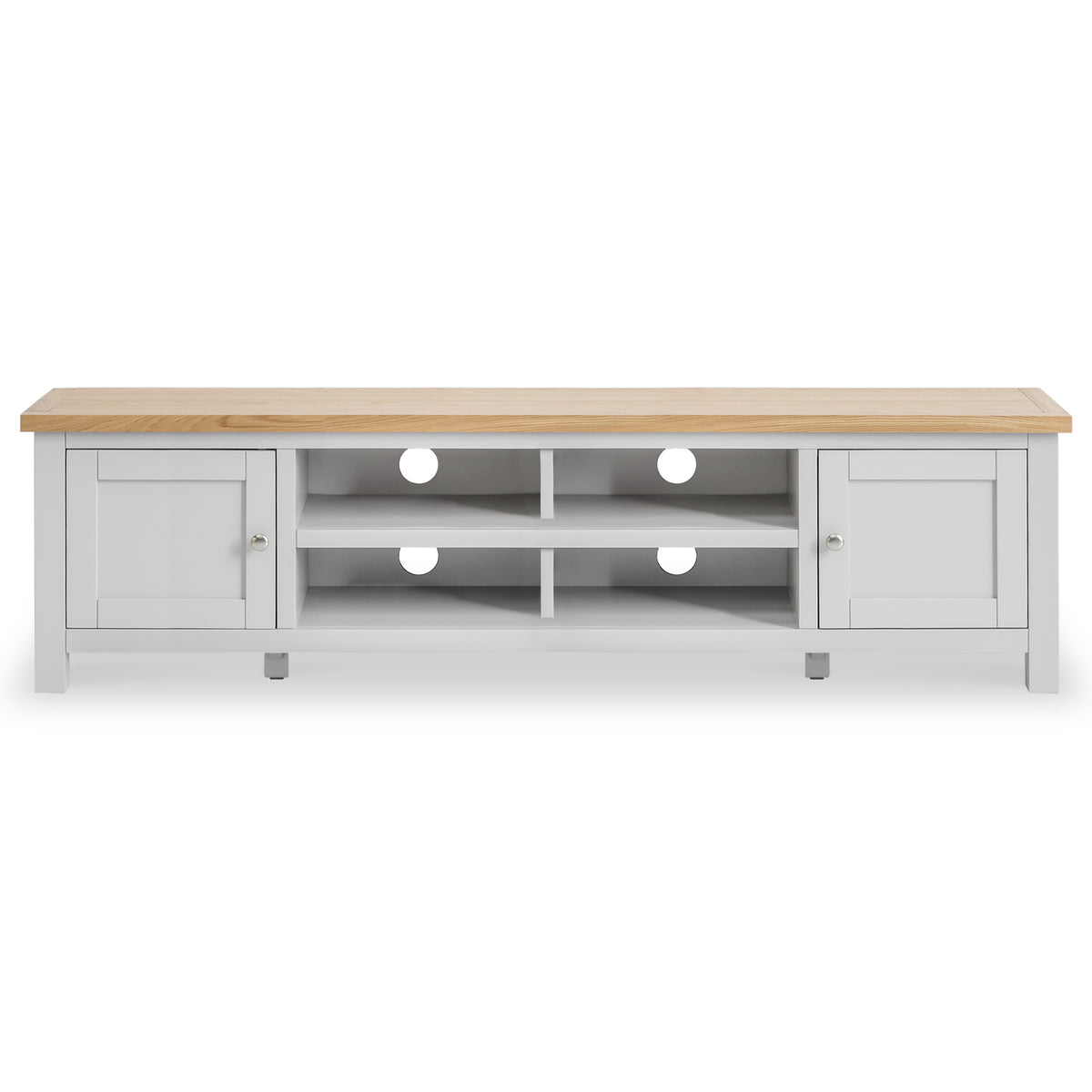 A wooden-top television stand with a gray base features open shelving and two cabinets, against a white background, with no visible activity or text.